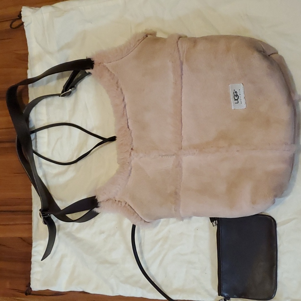 UGG Blush Pink Shearling Shoulder Bag with Dark Brown Leather Strap
